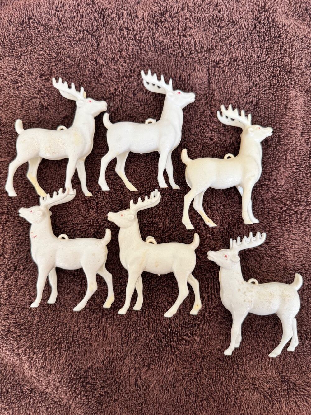 Vintage White Reindeer Plastic Christmas Ornaments (6) Retro Tablescape Decor